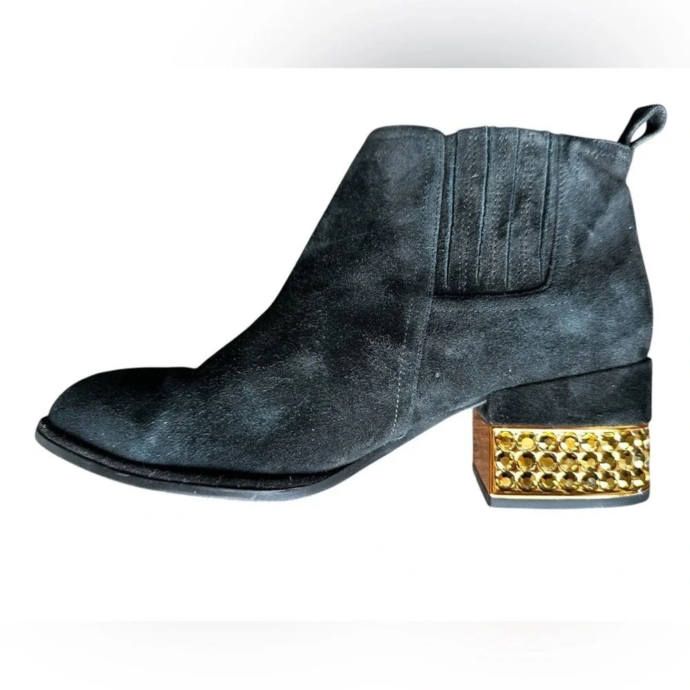 Jeffrey Campbell Metcalf-J2 Black Suede Chelsea Ankle Bootie Jeweled Heel